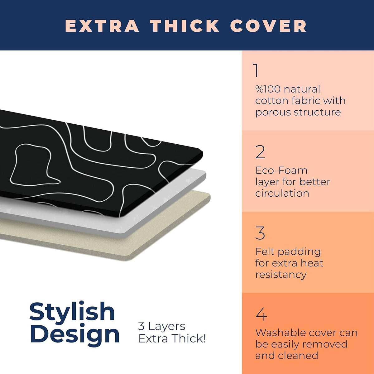 Ironing Board 110x33cm Compact Adjustable Height 3 Layer Cover Black Happhom