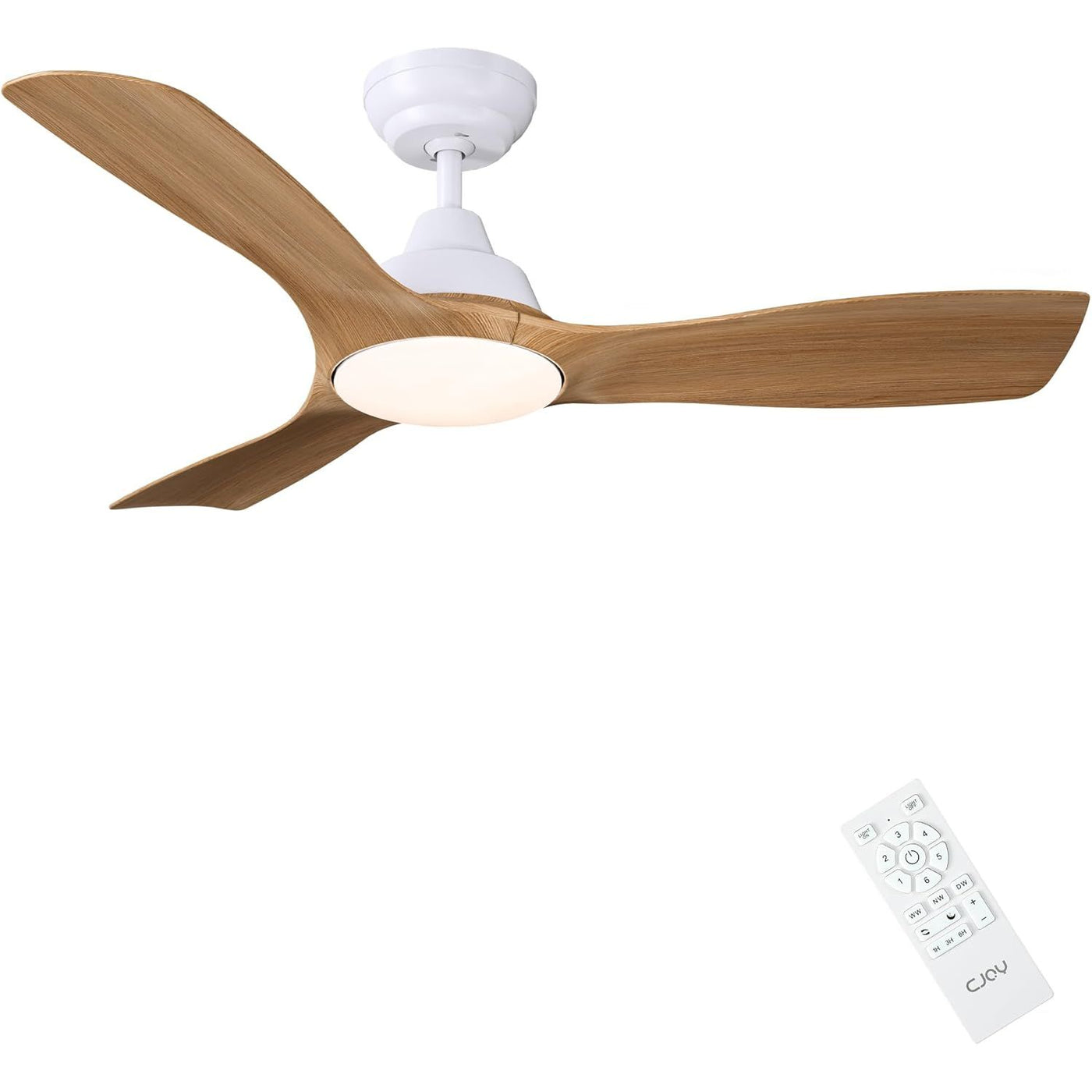 Ceiling fan with wooden blades and a remote control on a white background