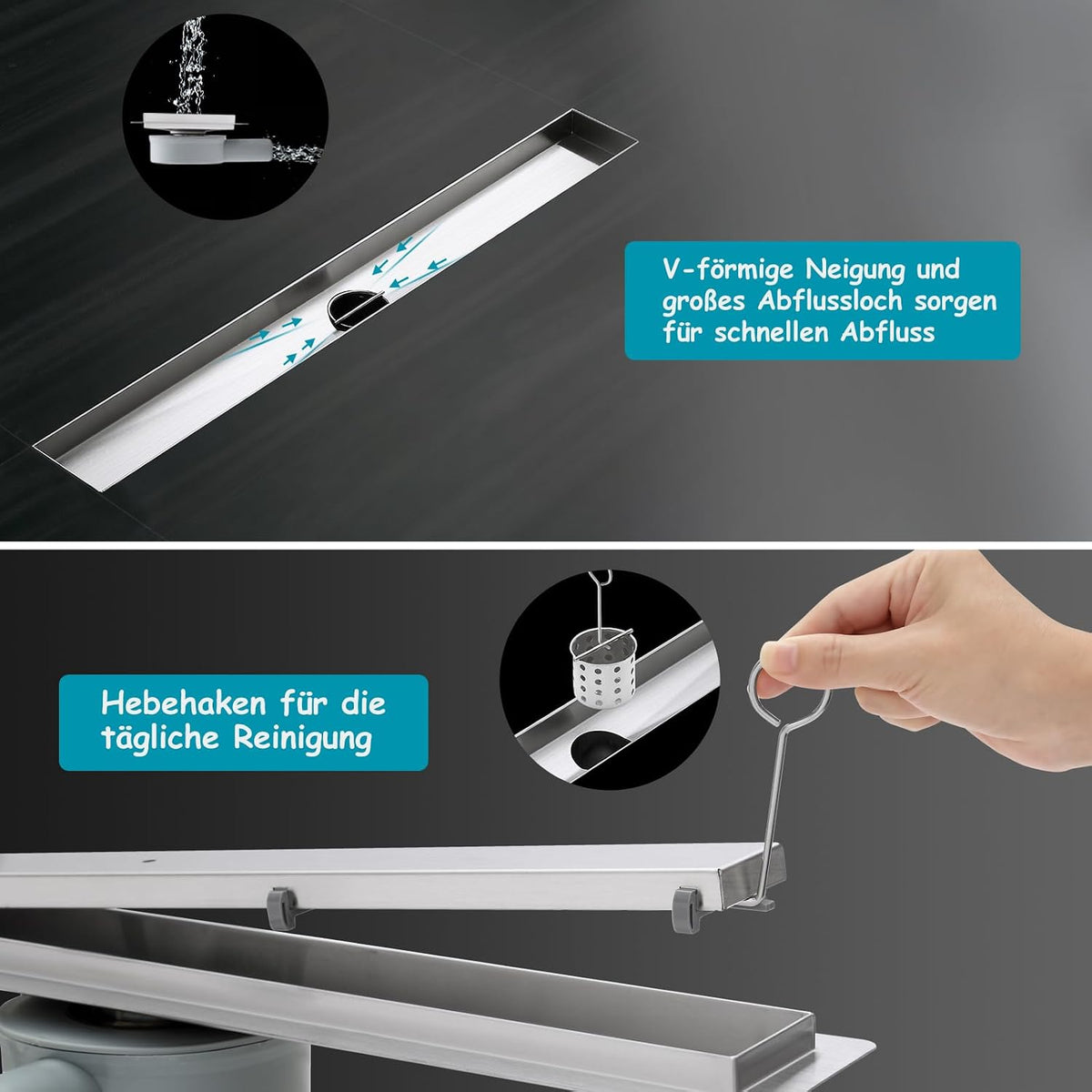 Linear Shower Drain 100cm 304 Stainless Steel Tile Insert 360 Siphon DN40 DN50