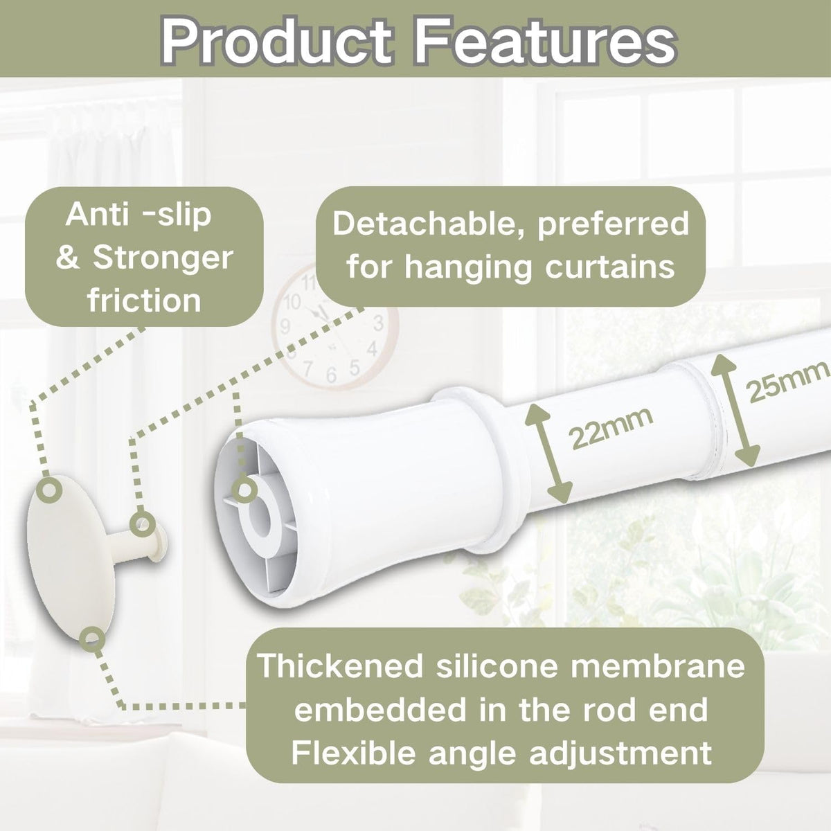 Telescopic Curtain Rod 110-200cm No Drill Tension Pole White Adjustable Shower Rod