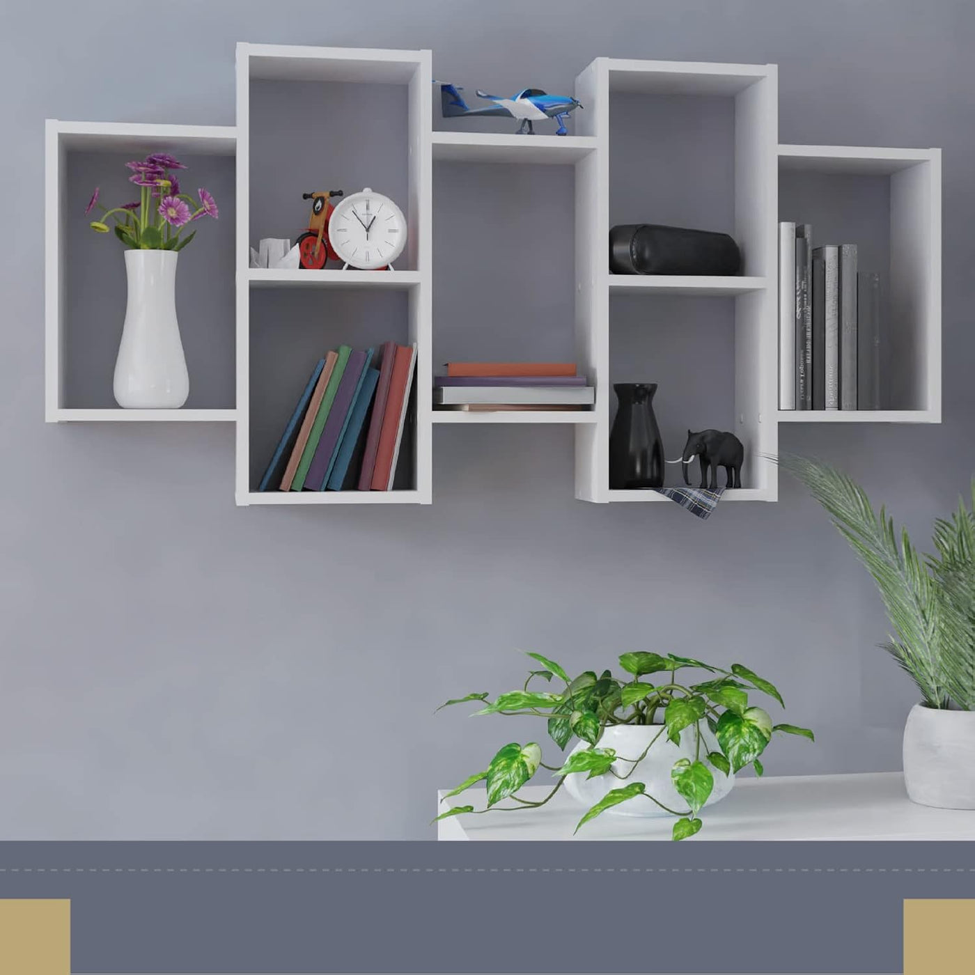 Bilbao Geometric Hanging Wall Bookshelf - 7 Compartment White Shelf Organizer