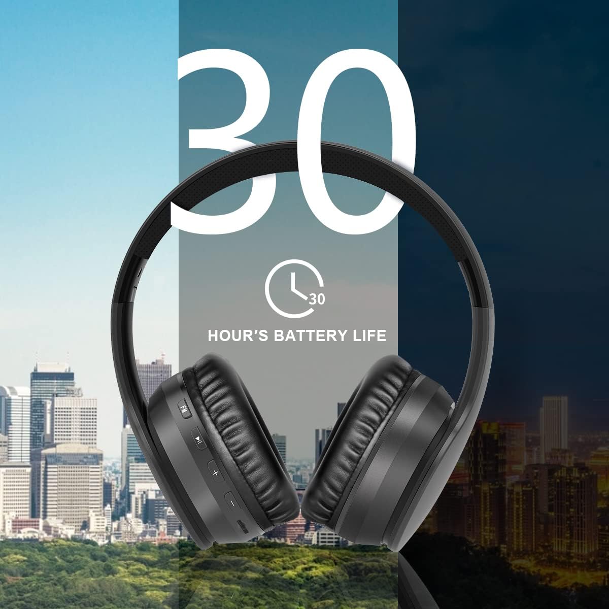 Black headphones with 30-hour battery life display against a cityscape background