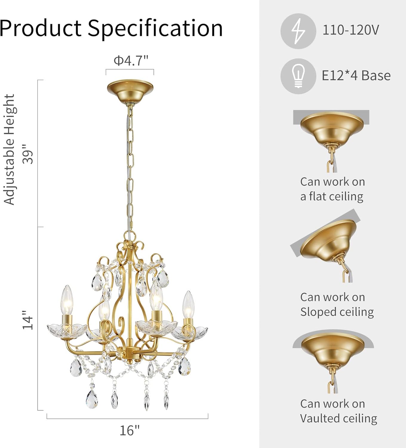 WUZUPS Gold Crystal Candle Chandelier Flush Mount Ceiling Light E14, H36 x W41cm