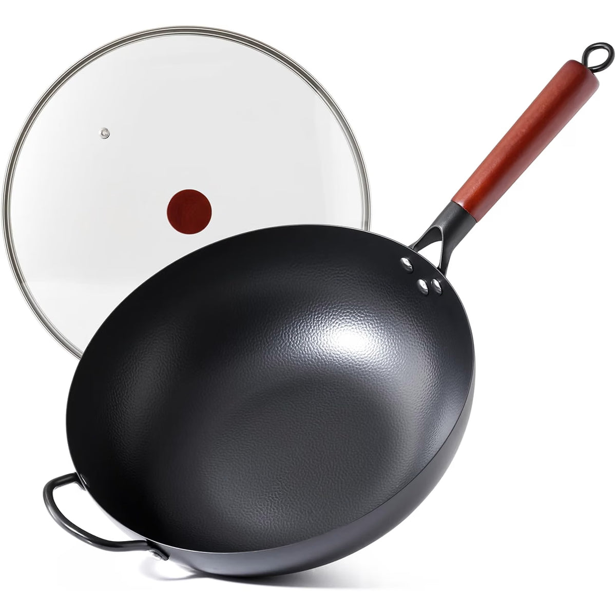 Carbon Steel Wok 32cm Pre Seasoned Uncoated Cooking Pan with Lid Kordisen Kitchen