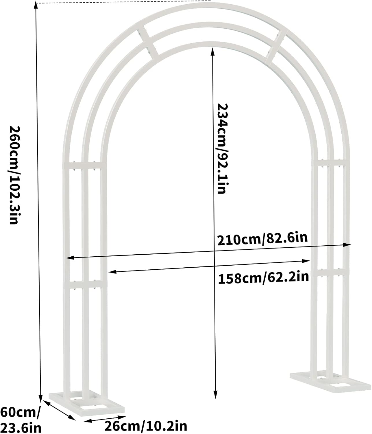 Measurement chart of a white arch structure with dimensions in centimeters and inches.
