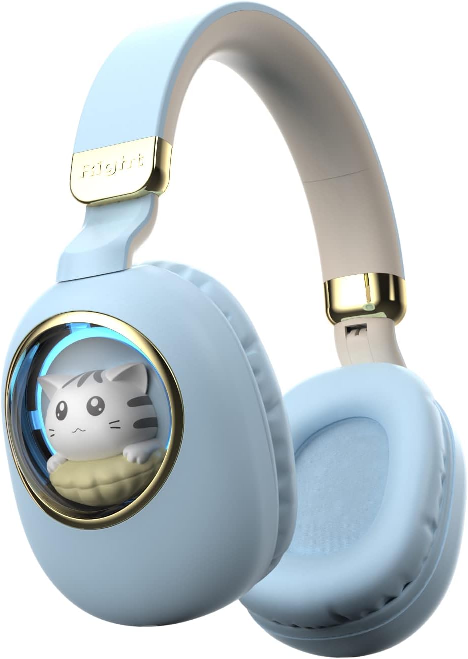 Light blue headphones with a cat design on the ear cup, featuring gold accents.