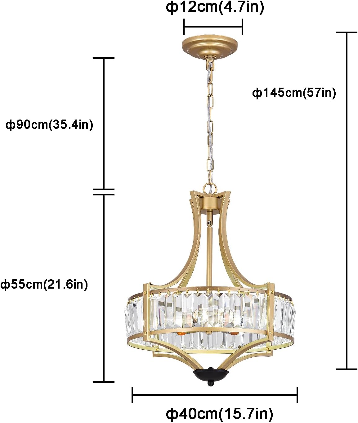 Crystal Chandelier 5 Light Gold Drum Pendant Adjustable Height Modern Ceiling