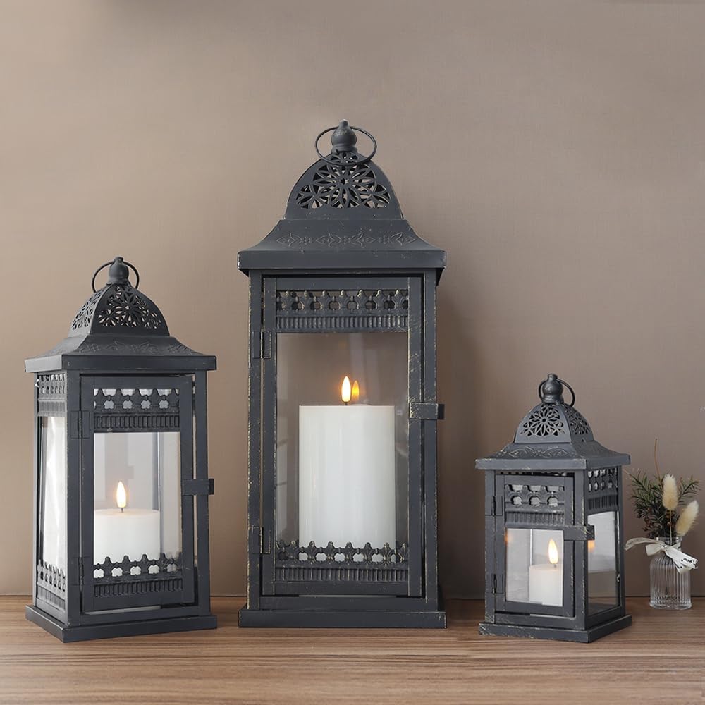 Candle Lanterns Set of 3 Vintage Black Gold Metal 51 37 24cm JHY DESIGN