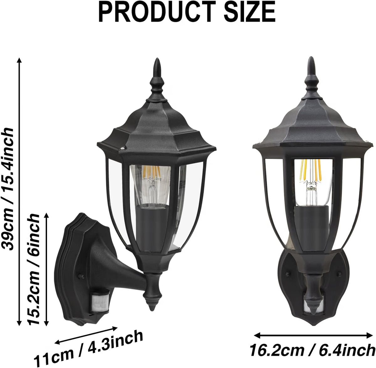 Outdoor Wall Light PIR Motion Sensor Waterproof E27 Black Aluminium Porch Lantern