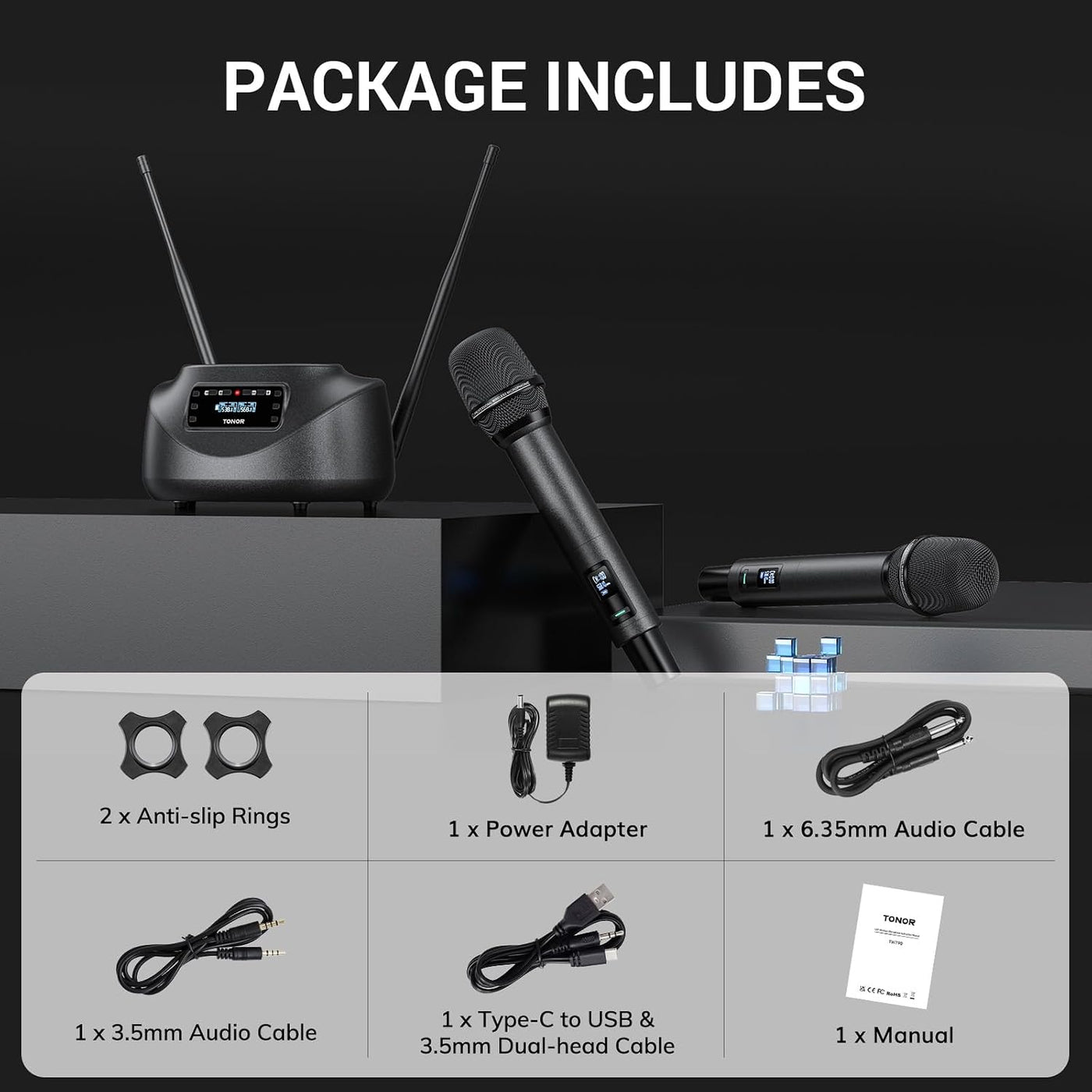 Wireless Microphone System UHF Rechargeable 80m Range Bluetooth TONOR Black