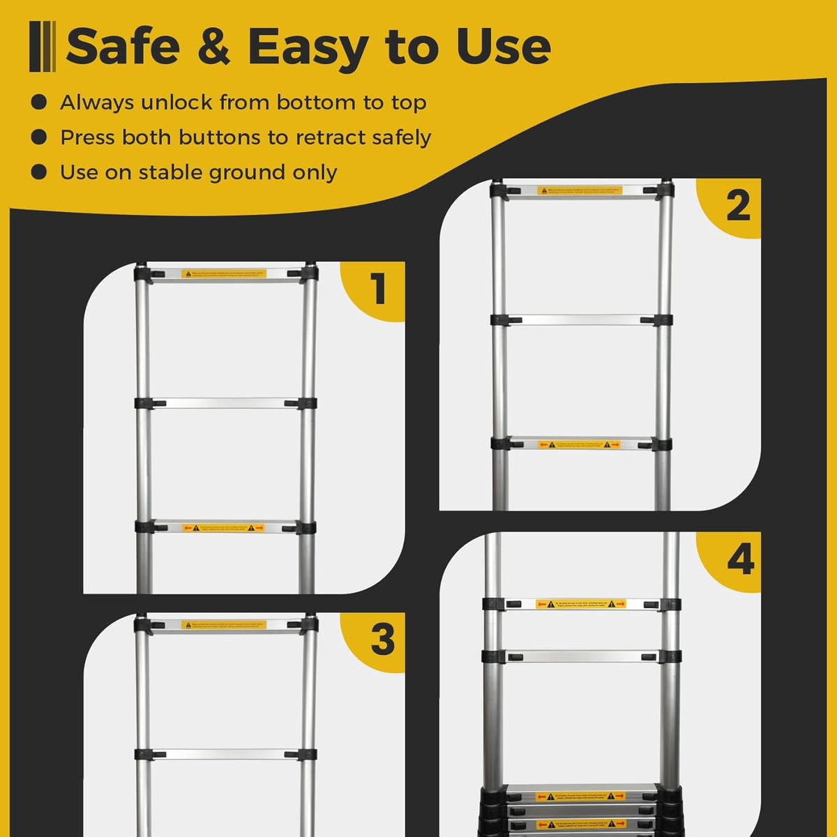 Telescopic Ladder 3.8m Aluminium Extension Stabiliser Bar Hooks EN131 Portable
