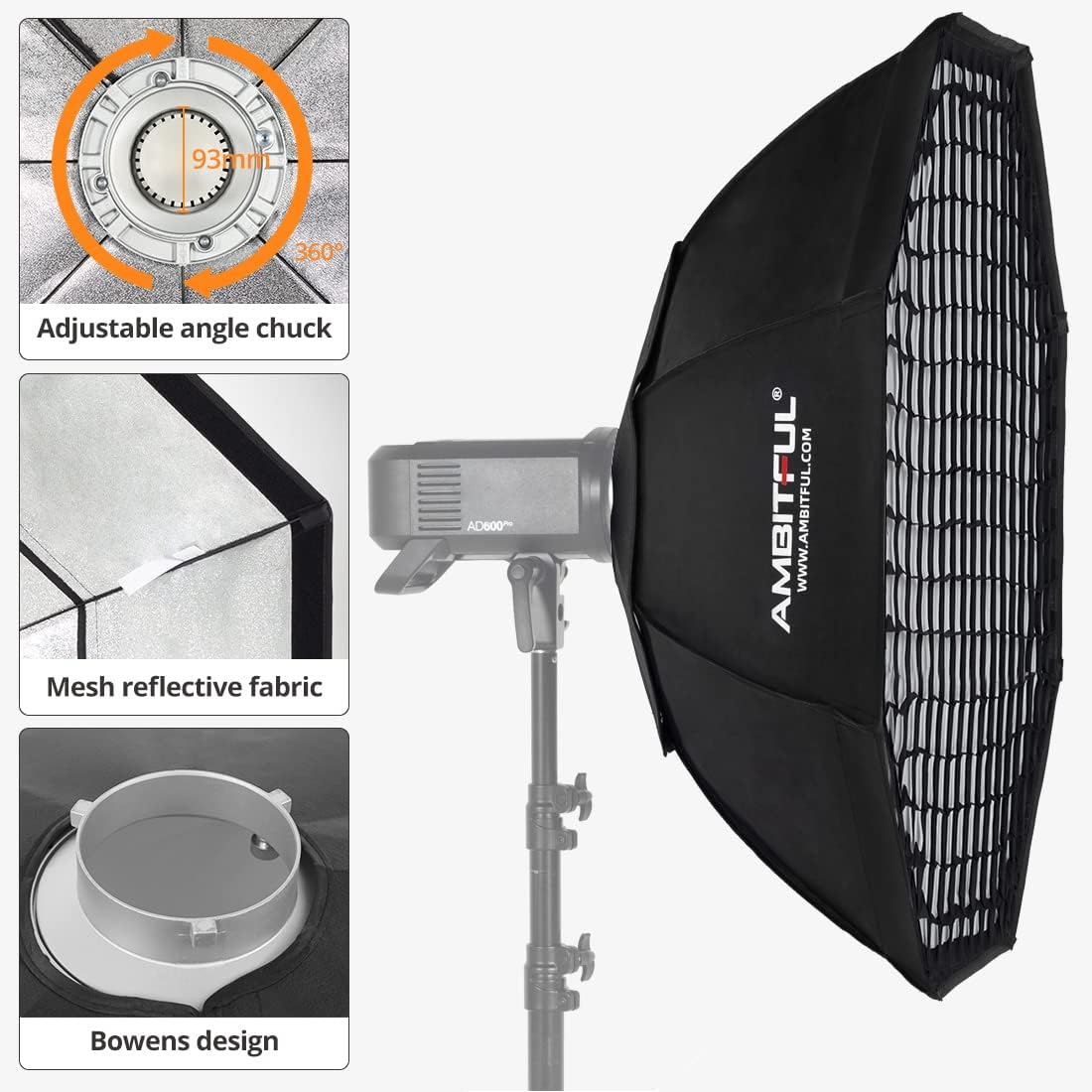 AMBITFUL 120cm Octagon Softbox with Honeycomb Grid & Bag for Bowens Mount