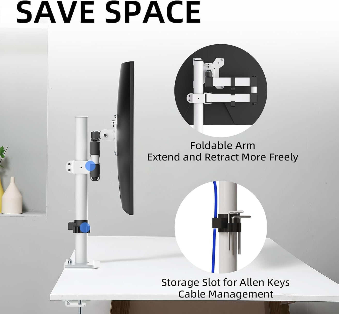 Single Monitor Arm 13-32 Inch 10kg Adjustable VESA Desk Mount White Screen Stand