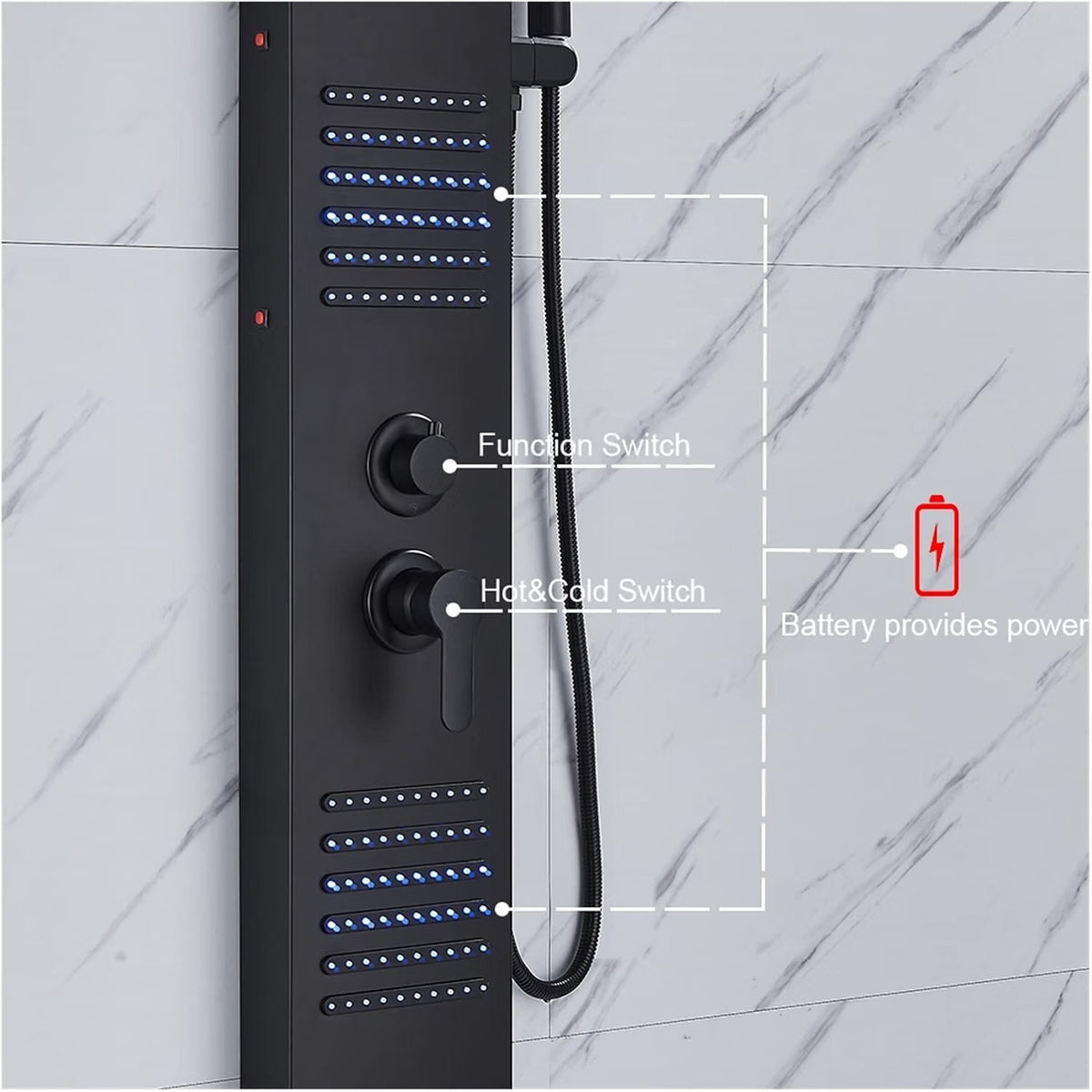 LED Shower Panel Black Rainfall Waterfall Spa Column Dual Mixer Tower