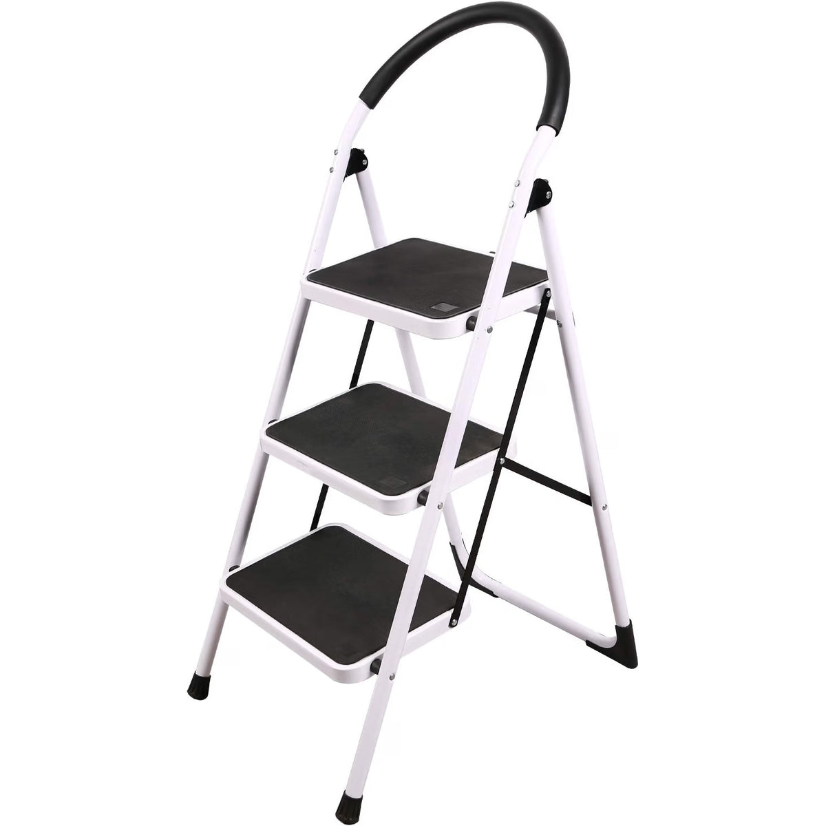 A three-step folding step ladder with white metal frames and black textured non-slip steps, featuring a black curved handguard and black rubber feet, shown on a solid white background.