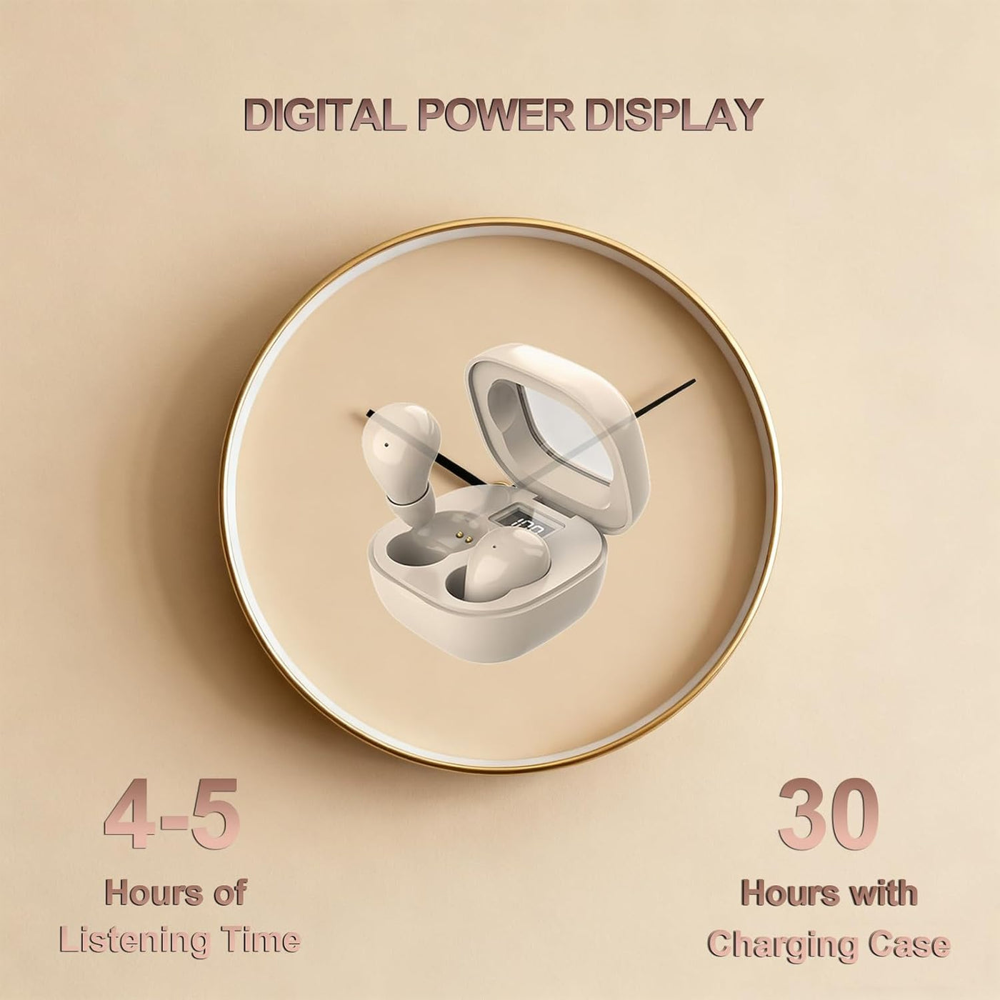Wireless earbuds in a charging case with digital power display on a beige background