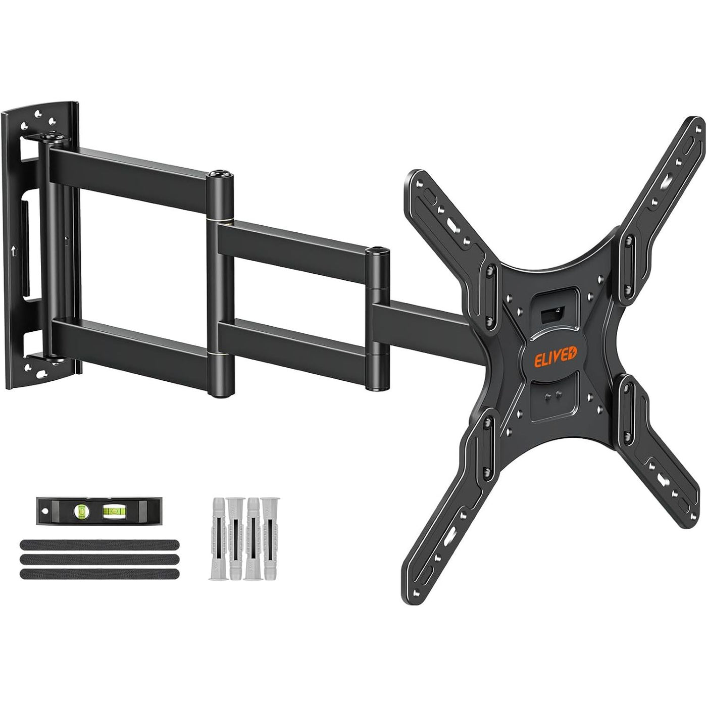 Black TV wall mount with accessories on a white background
