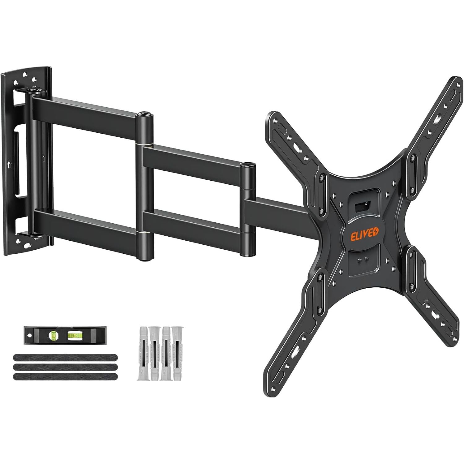 Black TV wall mount with accessories on a white background