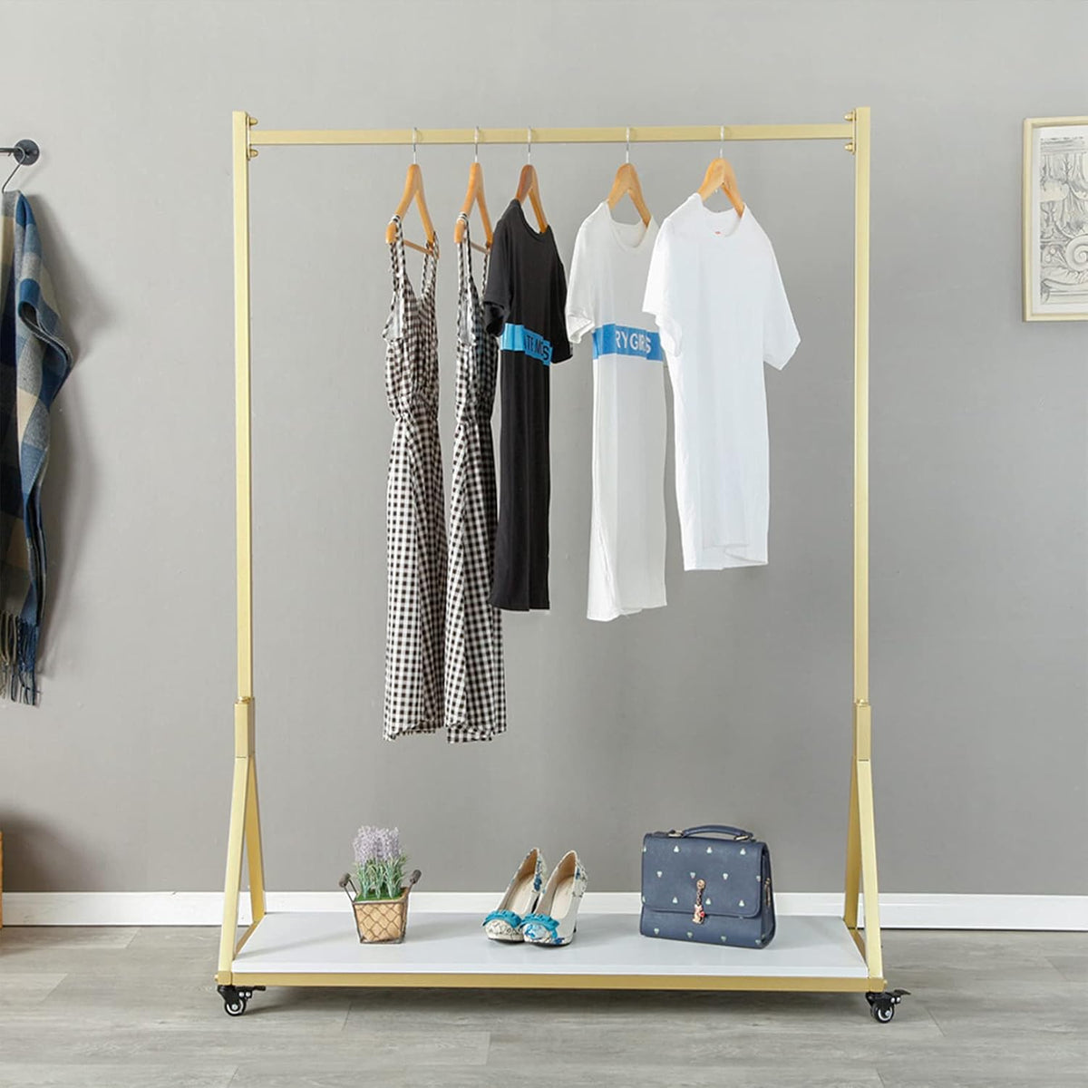 Clothes Rail 120cm Rolling Garment Rack Gold Wood Shelf Shoe Storage with Wheels