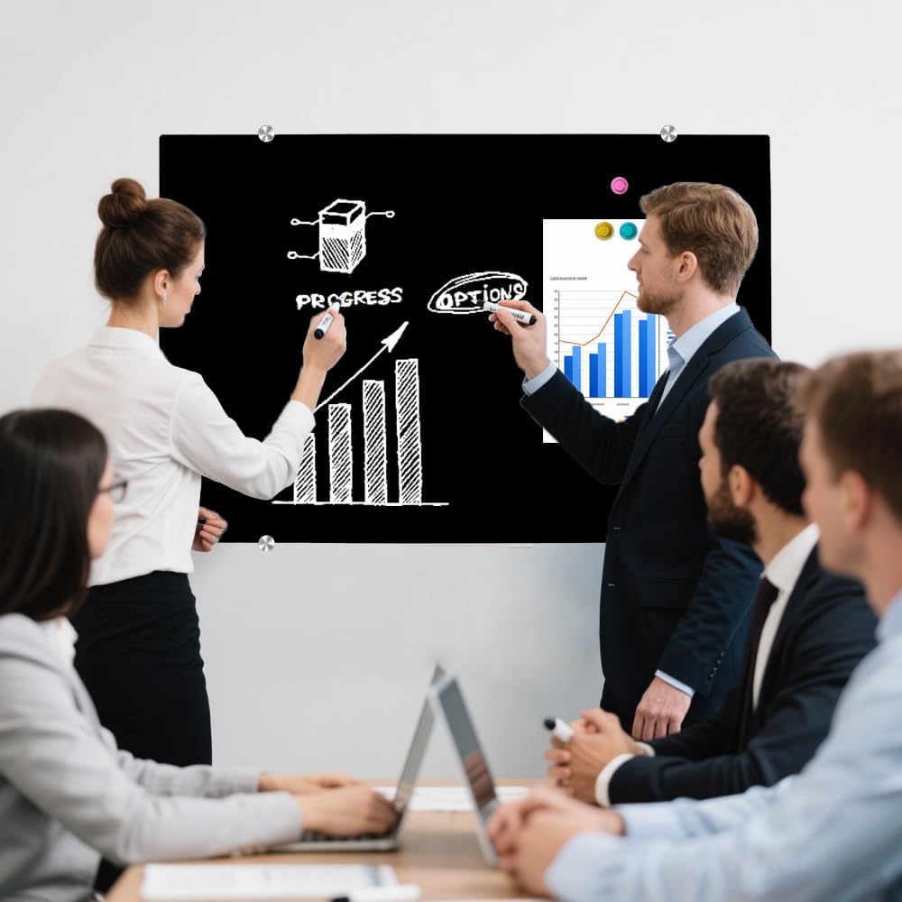 Magnetic Glass Whiteboard 60x90cm Black Frameless Dry Erase Board XIWODE Office