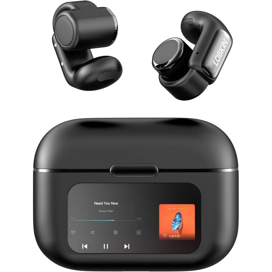 Black wireless earbuds with charging case on a white background