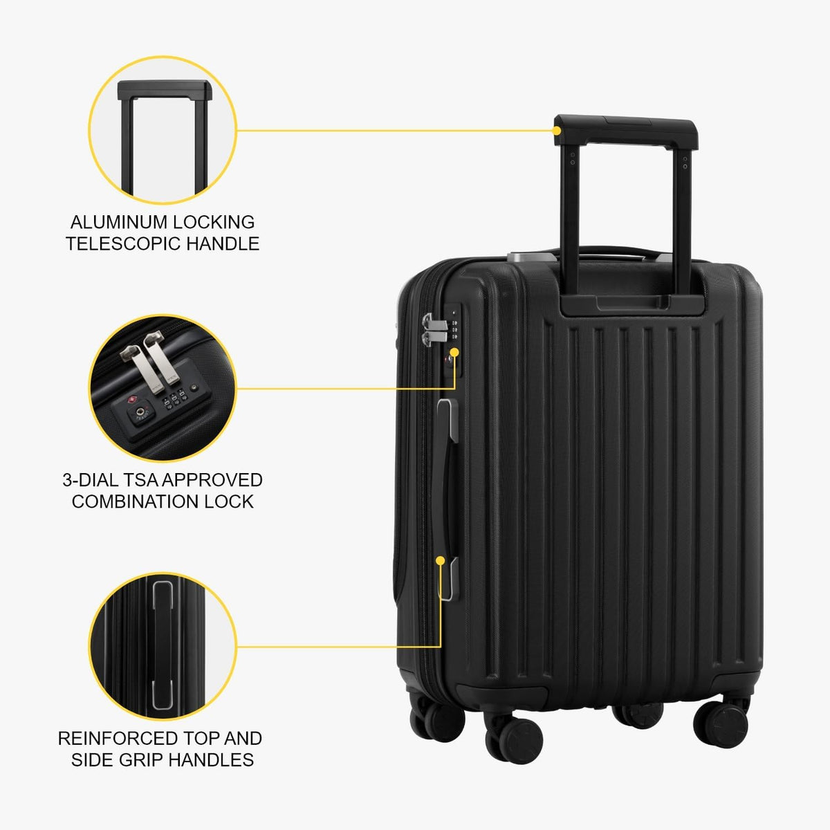Carry On Suitcase 55cm Expandable Laptop Compartment TSA Black LEVEL8 Cabin Luggage