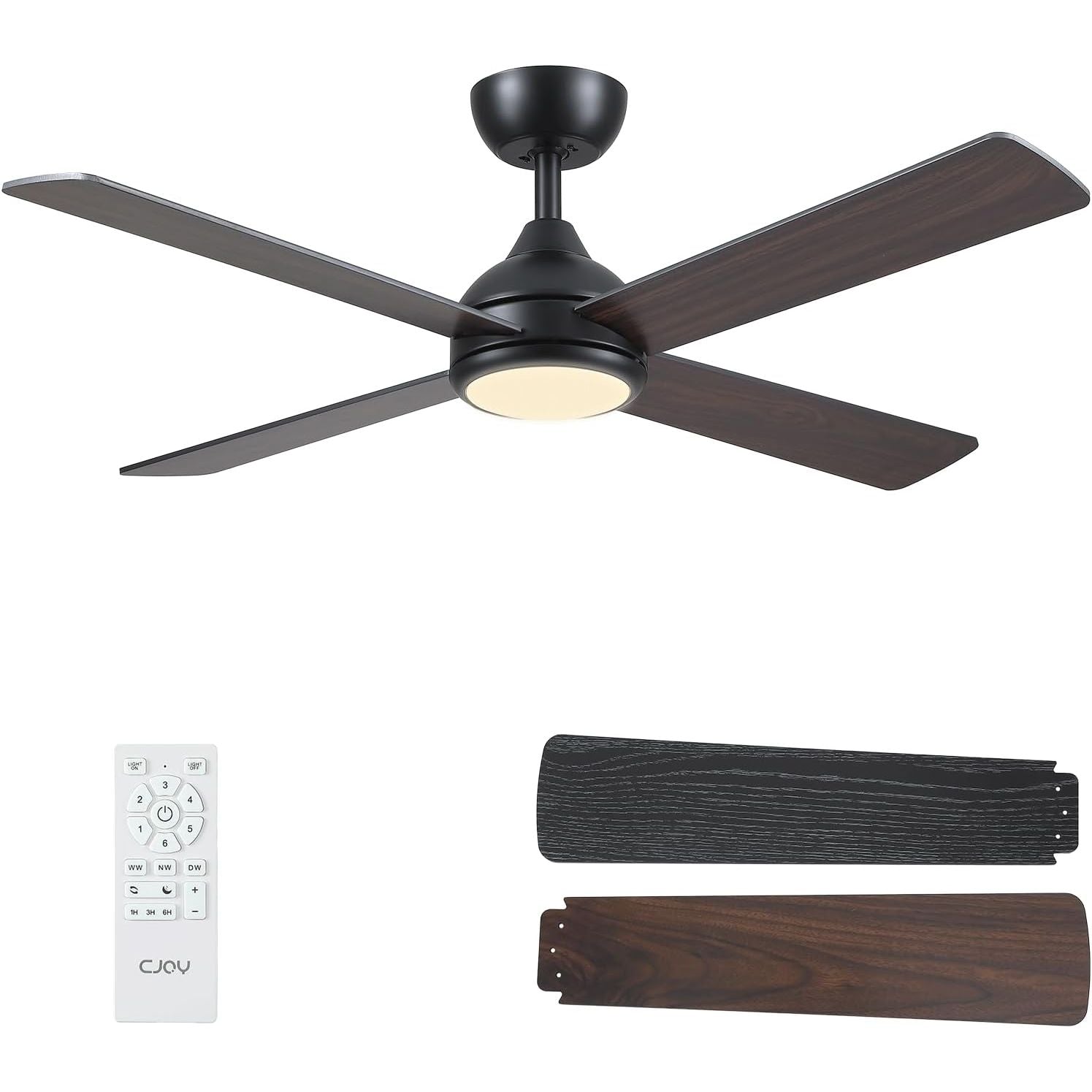 Ceiling fan with remote control and additional blades on a white background