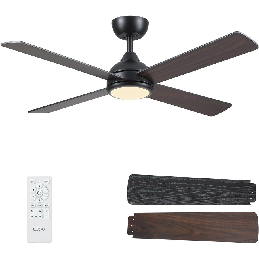 Ceiling fan with remote control and additional blades on a white background