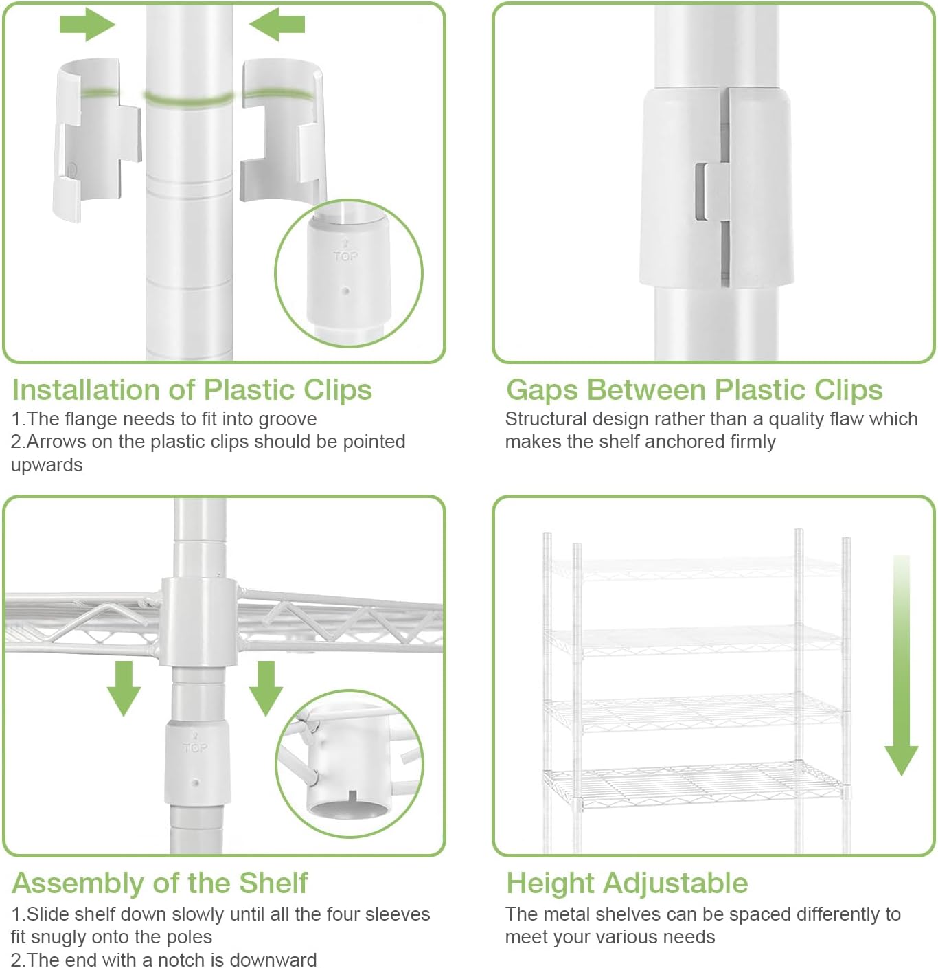 Instructions for installing and using a metal shelf with plastic clips on a white background.