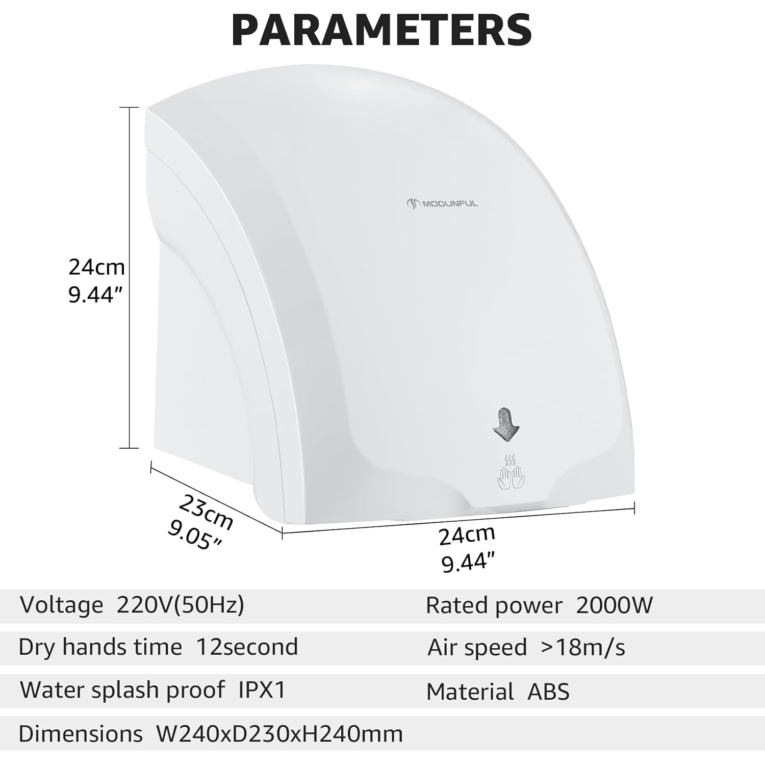 Modunful 1400W High-Speed Automatic Electric Hand Dryer, Kitchen/Bathroom, 220V