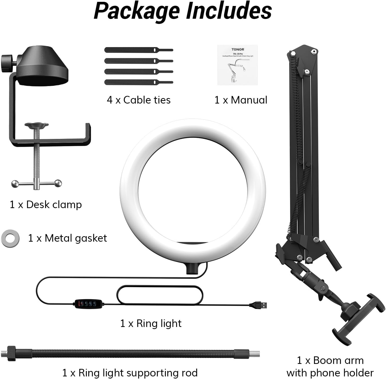 Overhead Ring Light 10 Inch Boom Arm Phone Holder Video Streaming TONOR Kit