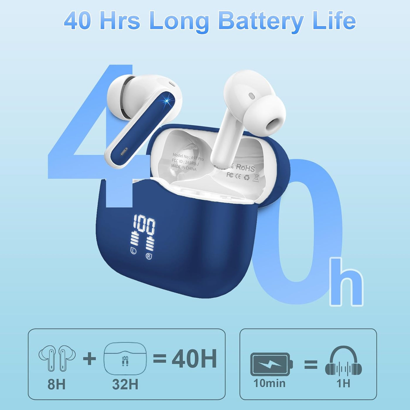 Wireless earbuds with charging case on a light blue background, highlighting battery life.