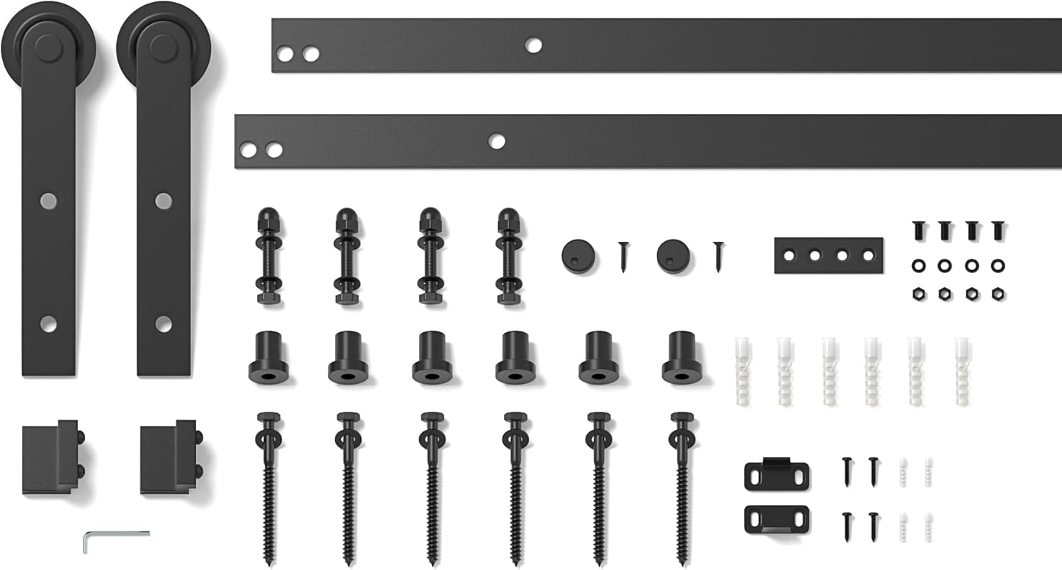 Collection of black metal hardware components on a white background