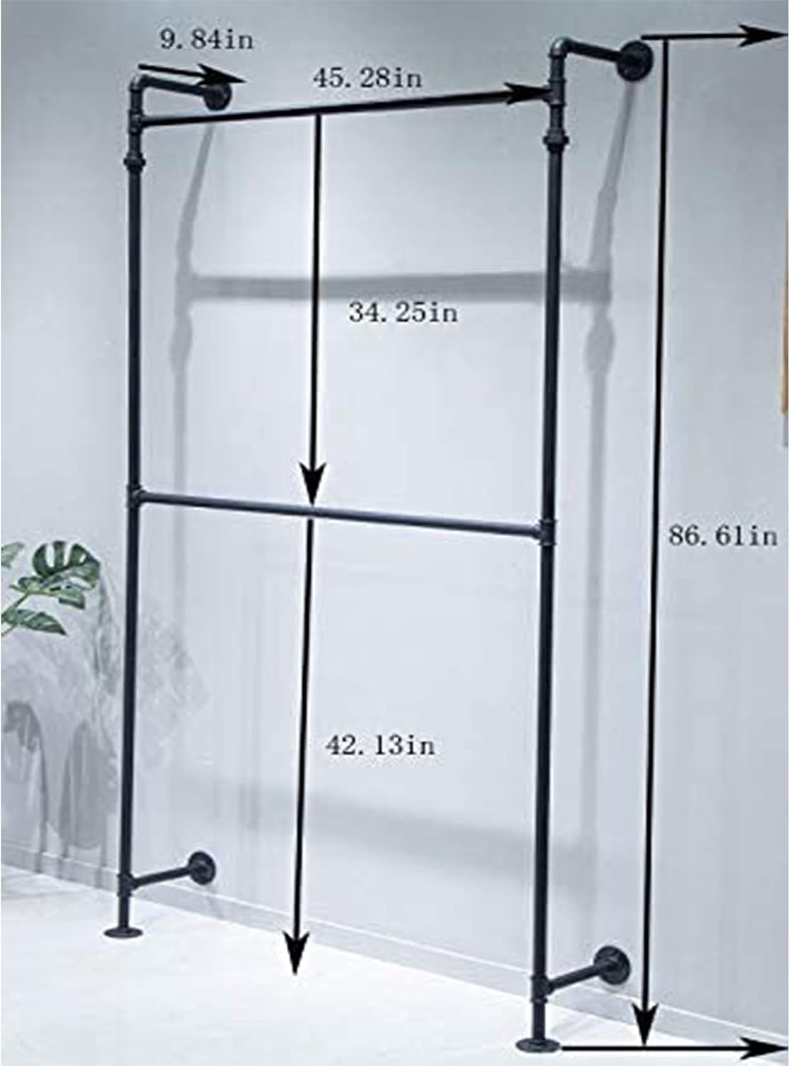 Industrial Garment Rack 2 Tier Wall Mounted Clothes Rail Pipe Shelf Black Storage