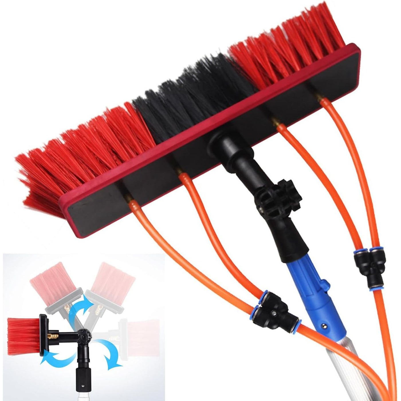 Car cleaning brush with red and black bristles and orange hoses on a white background