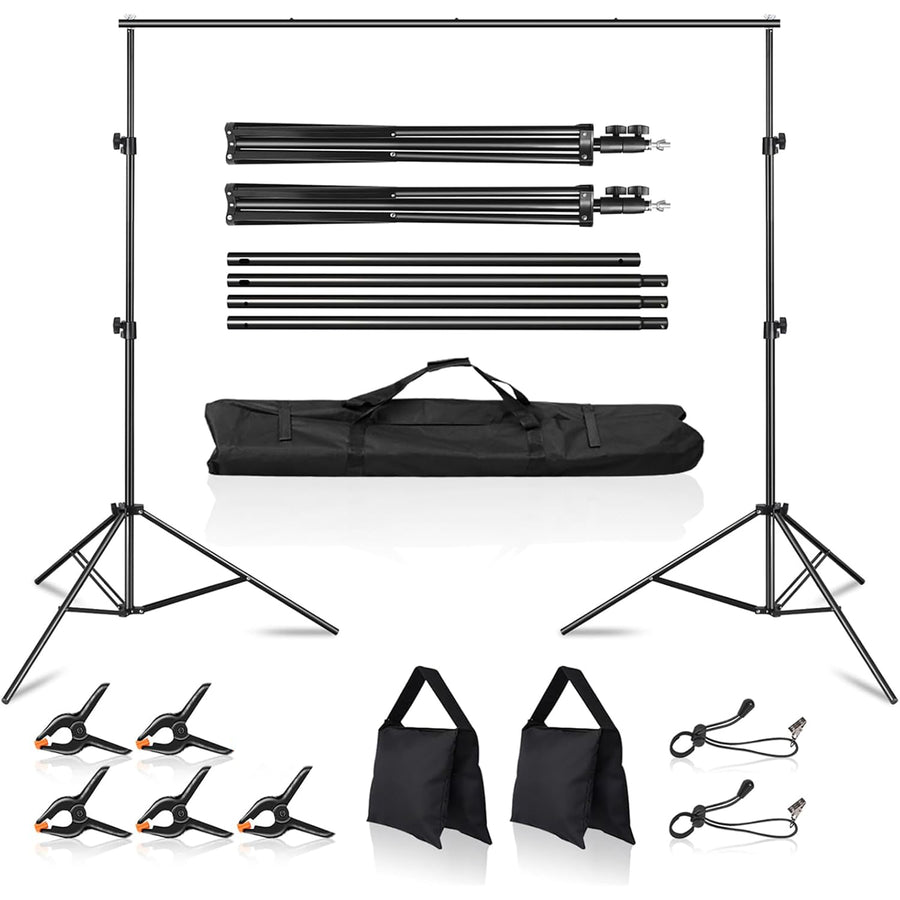 Adjustable backdrop stand with a height of 0.86m to 2.3m and a 3m crossbar. Easy to assemble, stable, and perfect for photographers of all levels.