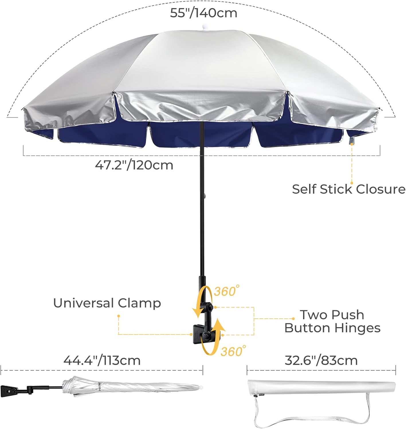Clamp On Umbrella UPF50+ Adjustable UV Beach Chair Stroller Shade G4Free