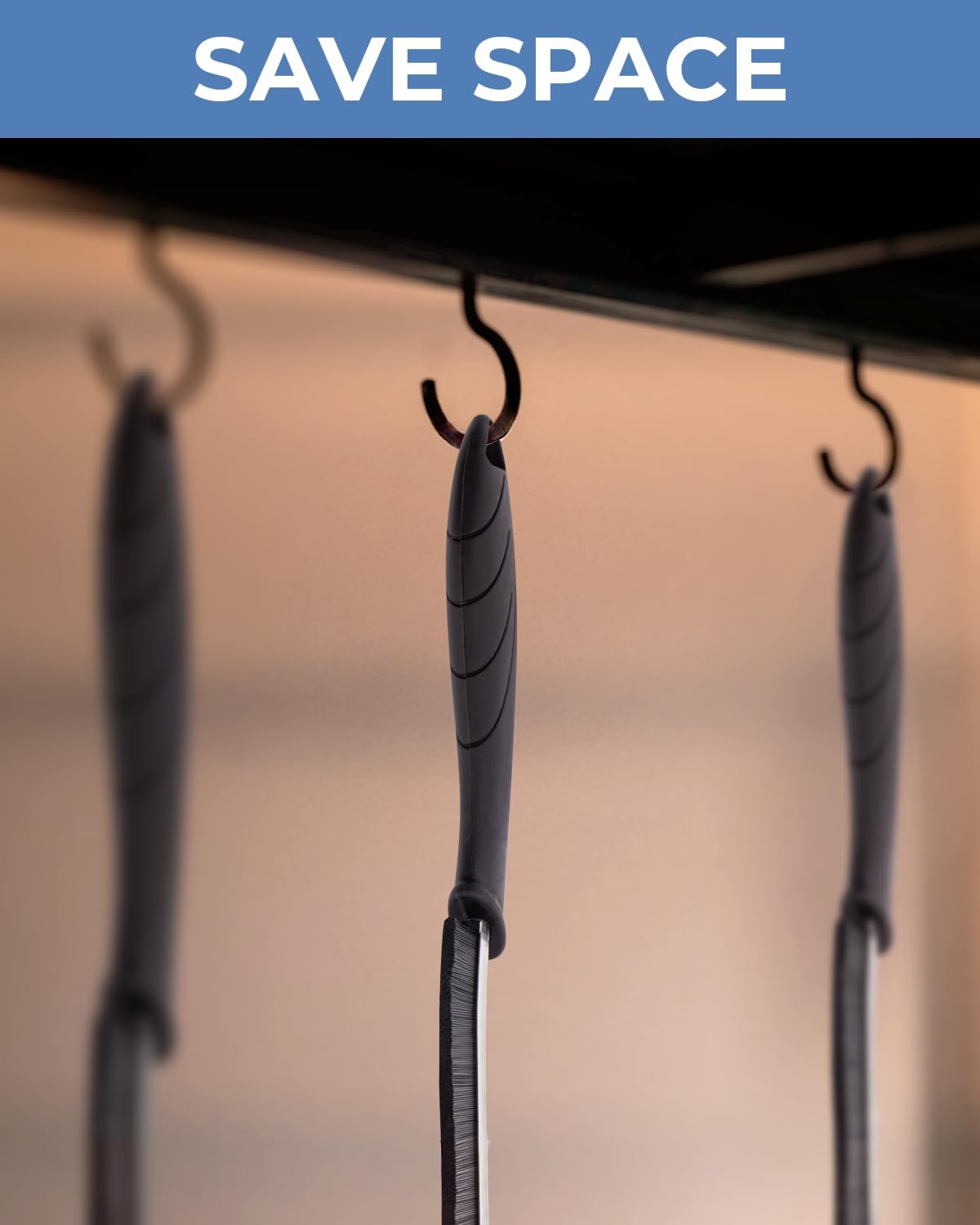 Three hooks with gray sleeves hanging from a ceiling with 'SAVE SPACE' text at the top.