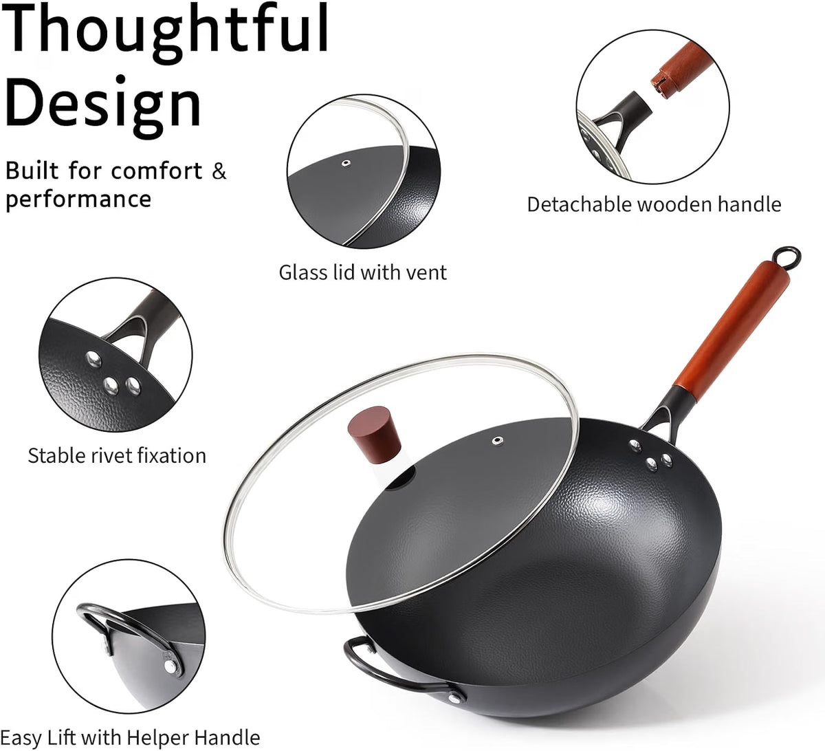 Carbon Steel Wok 32cm Pre Seasoned Uncoated Cooking Pan with Lid Kordisen Kitchen