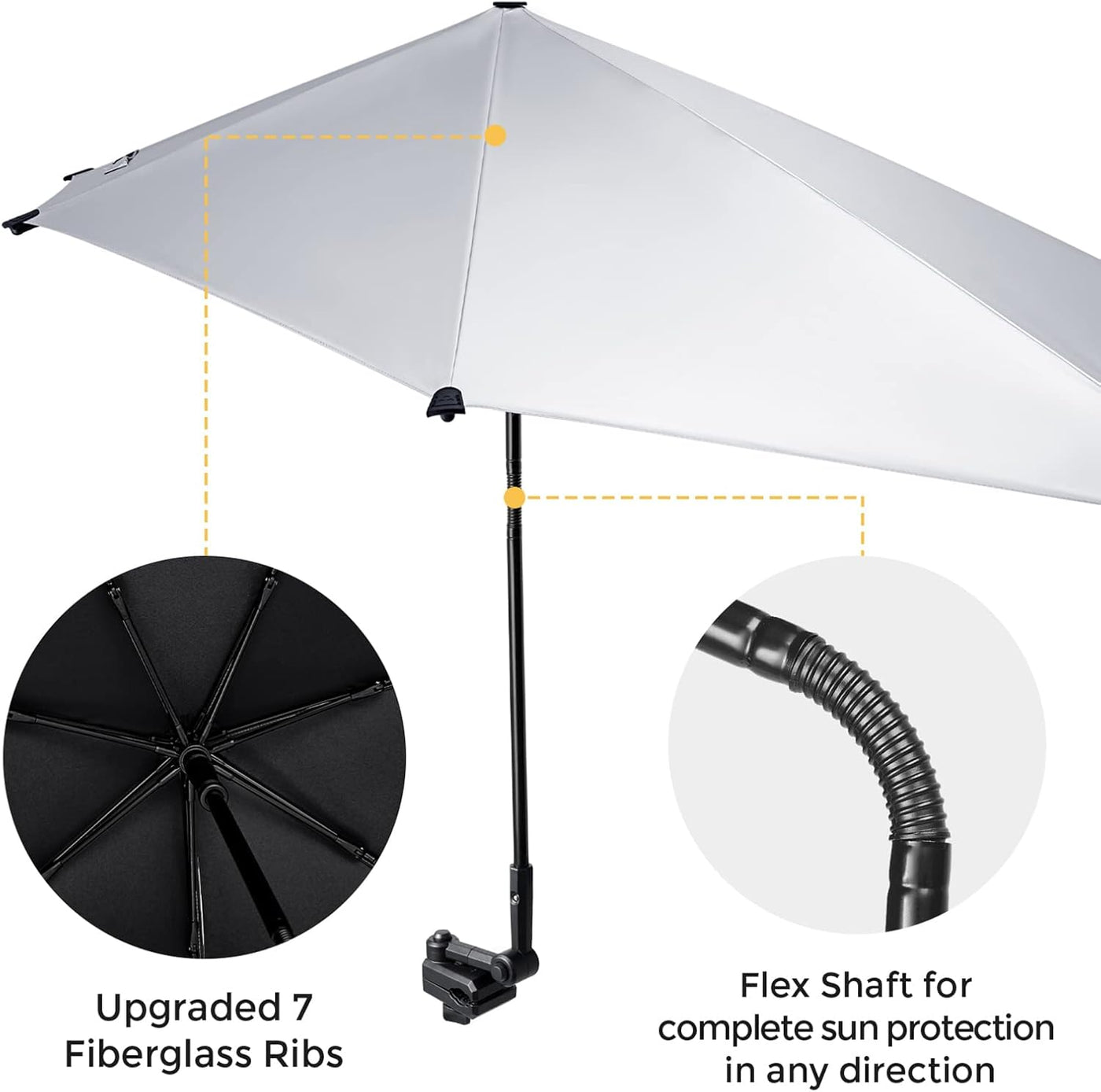 Umbrella with close-up details of fiberglass ribs and flex shaft on a white background