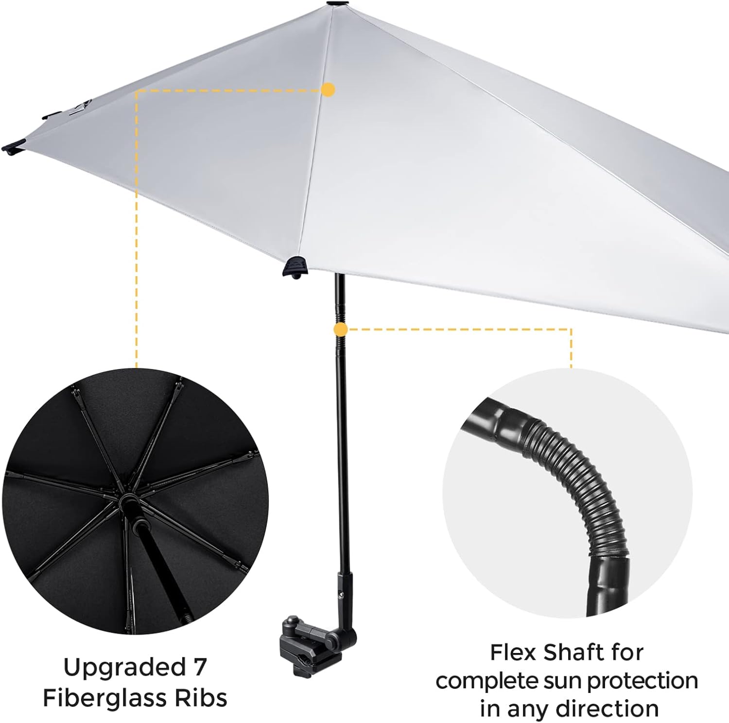 Umbrella with close-up details of fiberglass ribs and flex shaft on a white background