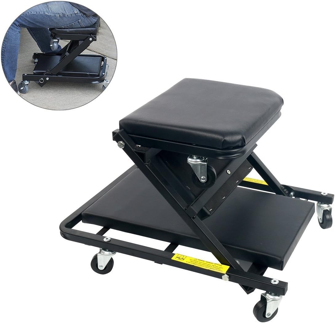 Black hydraulic lift seat with a close-up inset showing the mechanism on a white background.