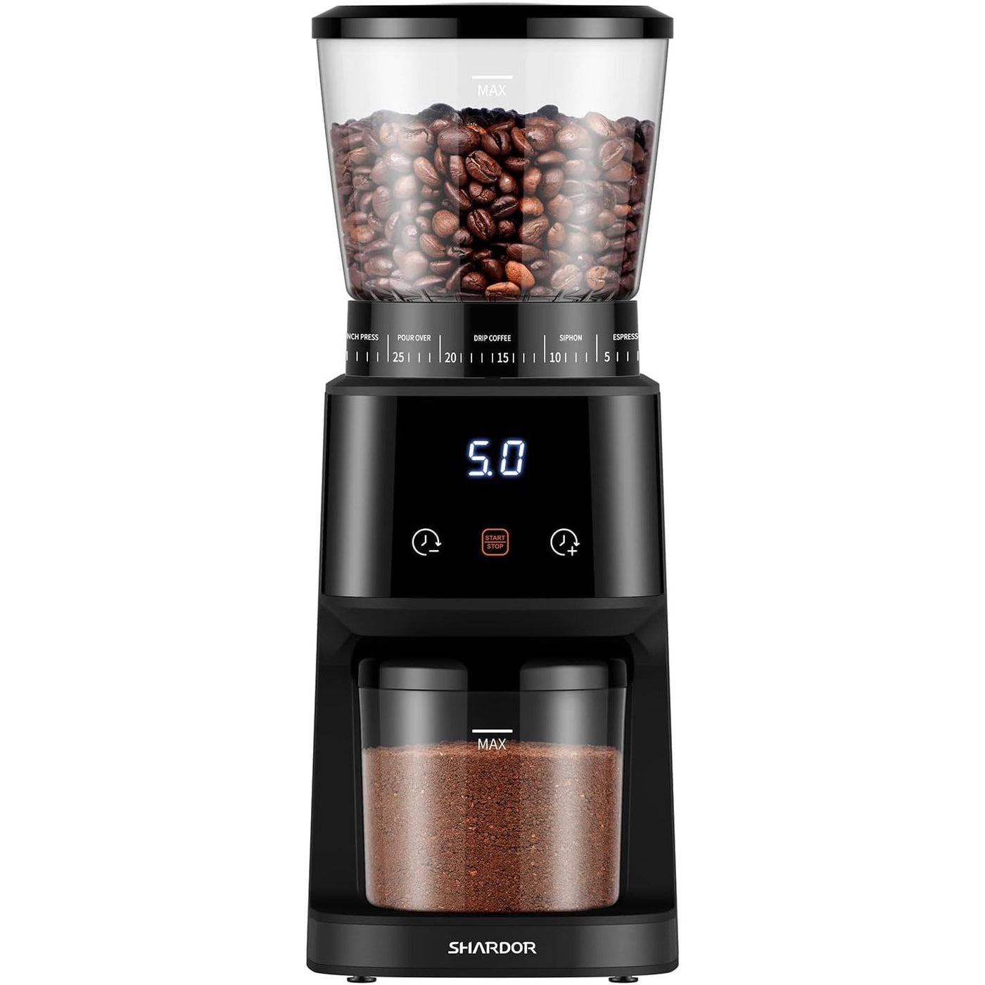 Coffee grinder with coffee beans and ground coffee on a white background