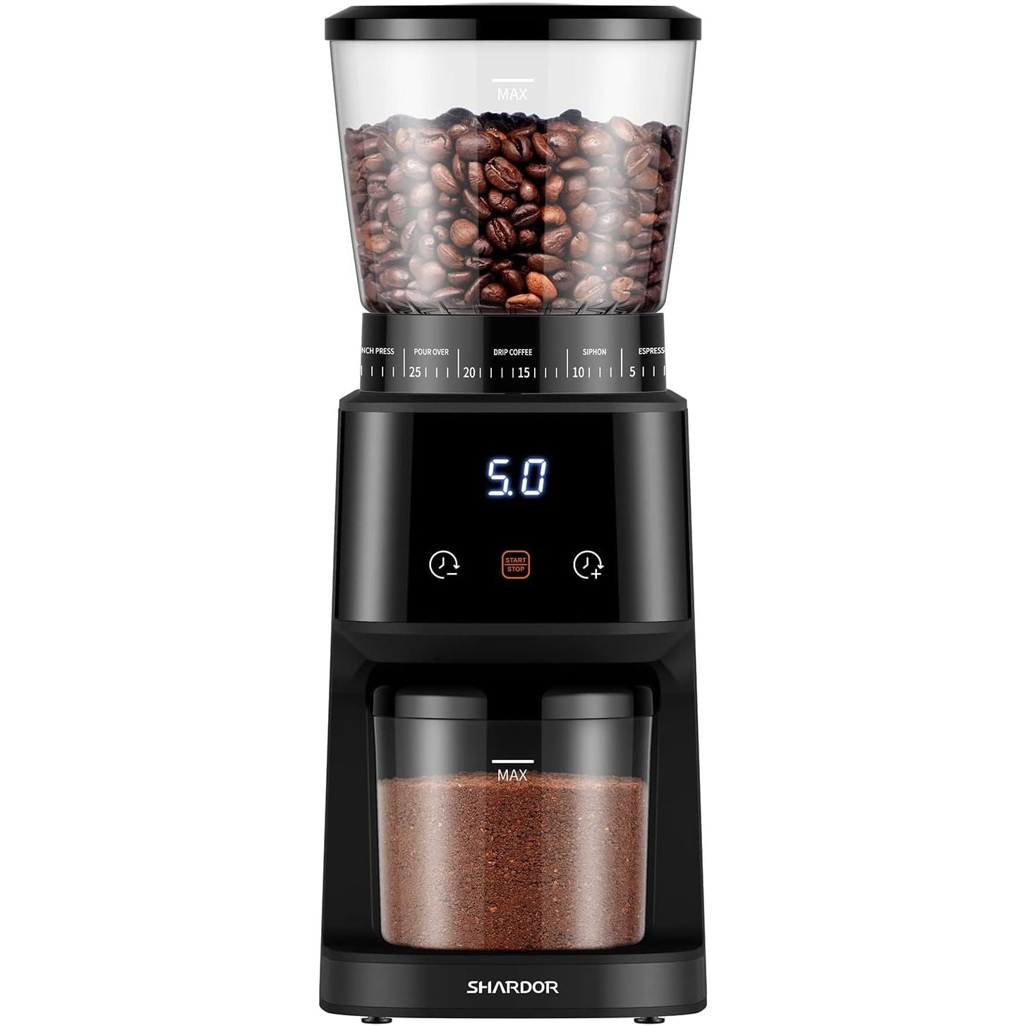 Coffee grinder with coffee beans and ground coffee on a white background