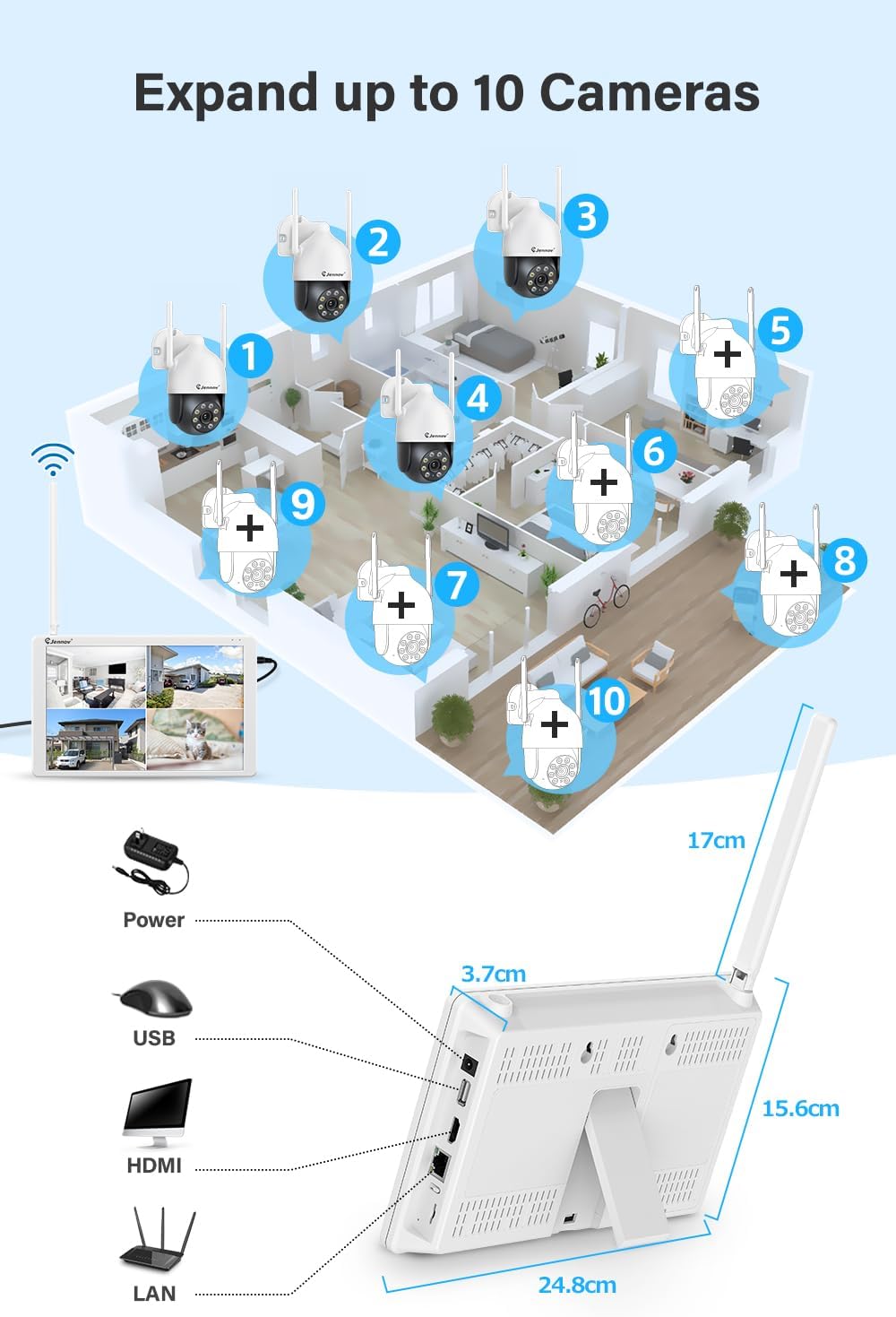 Wireless CCTV Camera System 5MP PTZ 10CH NVR 10 Inch Monitor Security Jennov