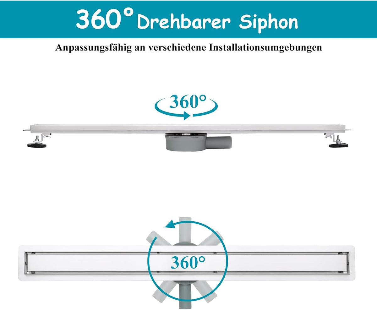 Linear Shower Drain 100cm 304 Stainless Steel Tile Insert 360 Siphon DN40 DN50