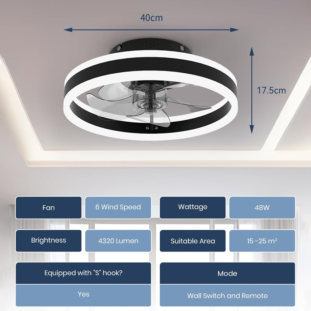 Ceiling Fan with Light 40cm Black Dimmable Remote 6 Speed Reversible Nalezuns