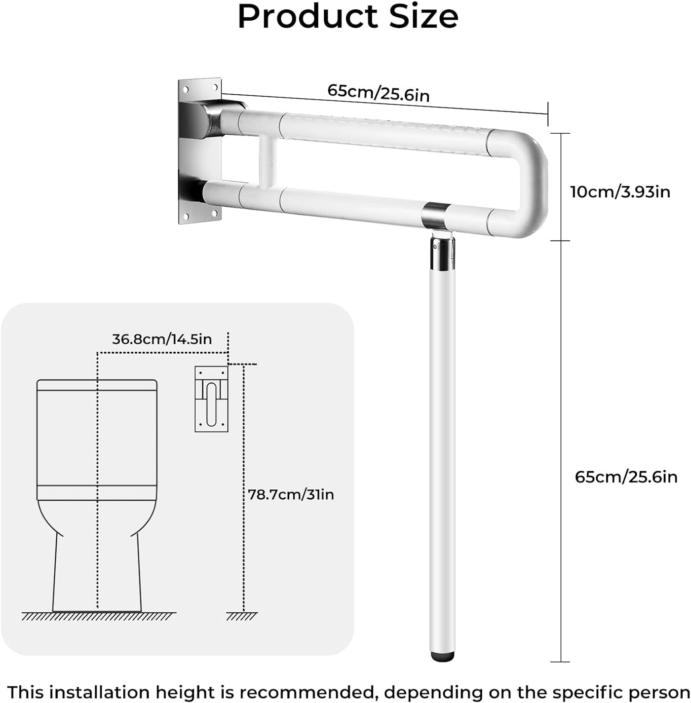 25.6 Inch Handicap Grab Bars, Flip Up Toilet Rails, Non-Slip, Glows at Night