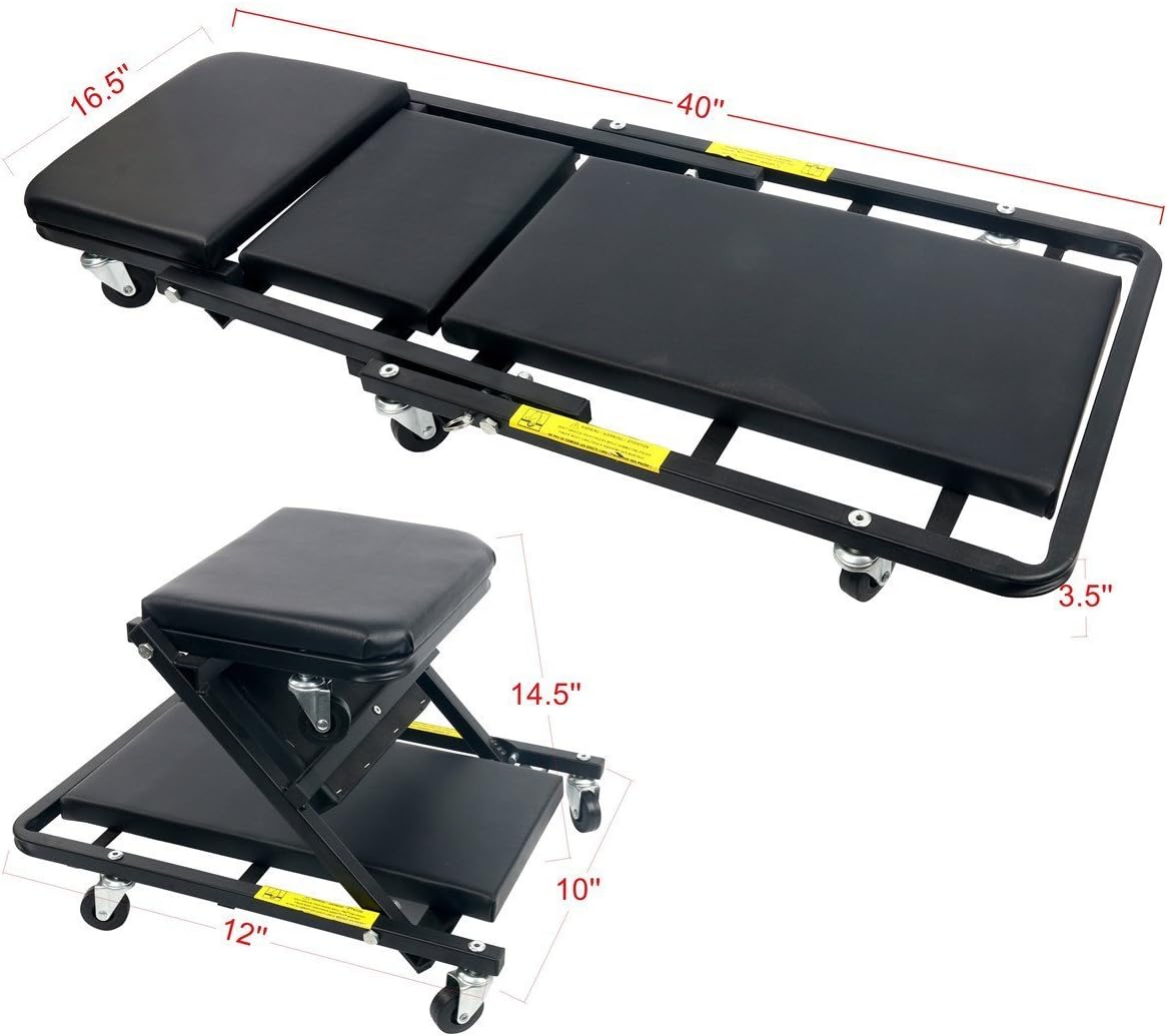 Black hydraulic lift table with dimensions labeled on a white background