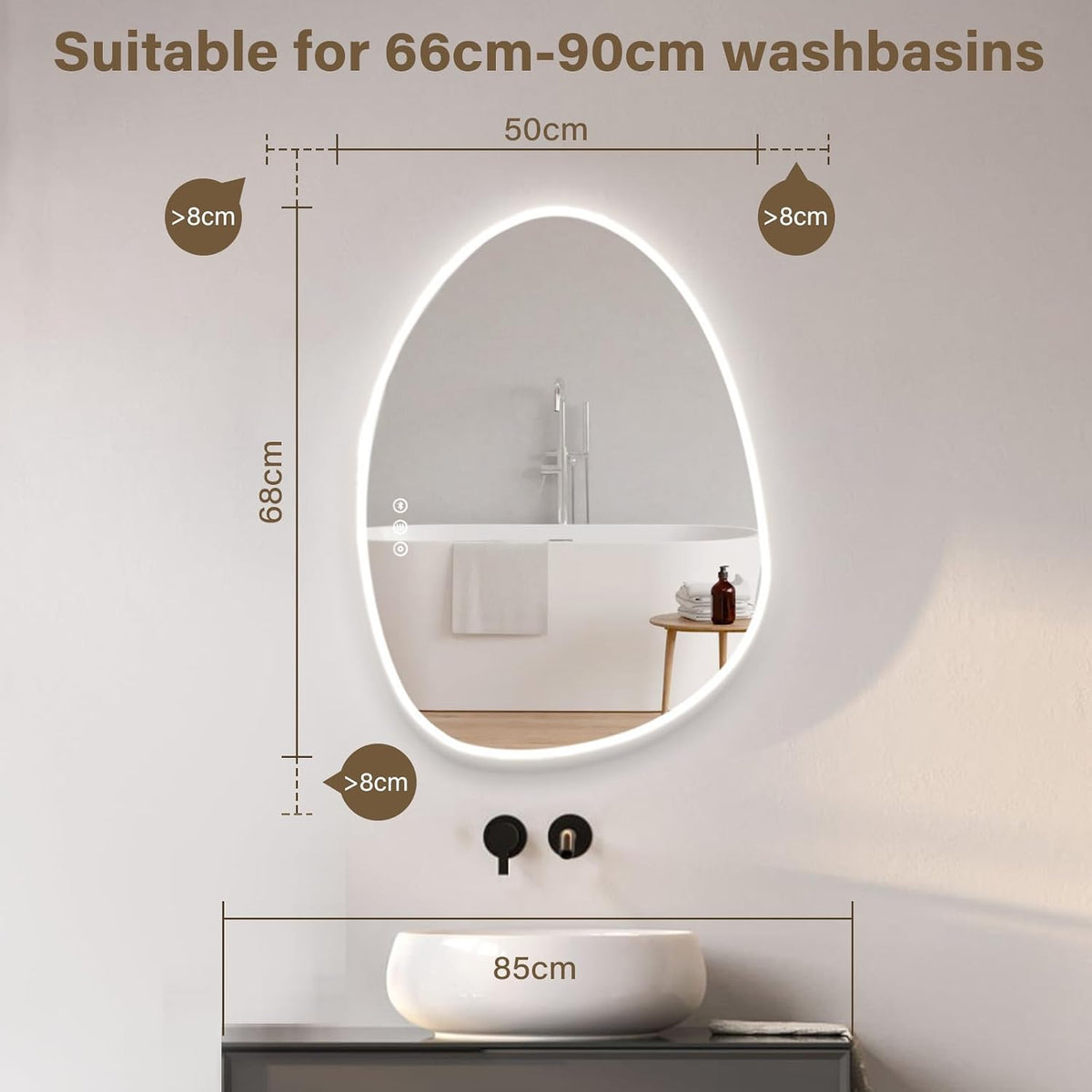 LED Bathroom Mirror 50x68cm Asymmetrical Dimmable Anti Fog Smart Vanity Wall